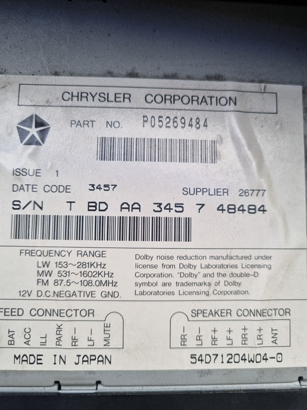 Chrysler RBL Alpine anti theft unlock using serial number